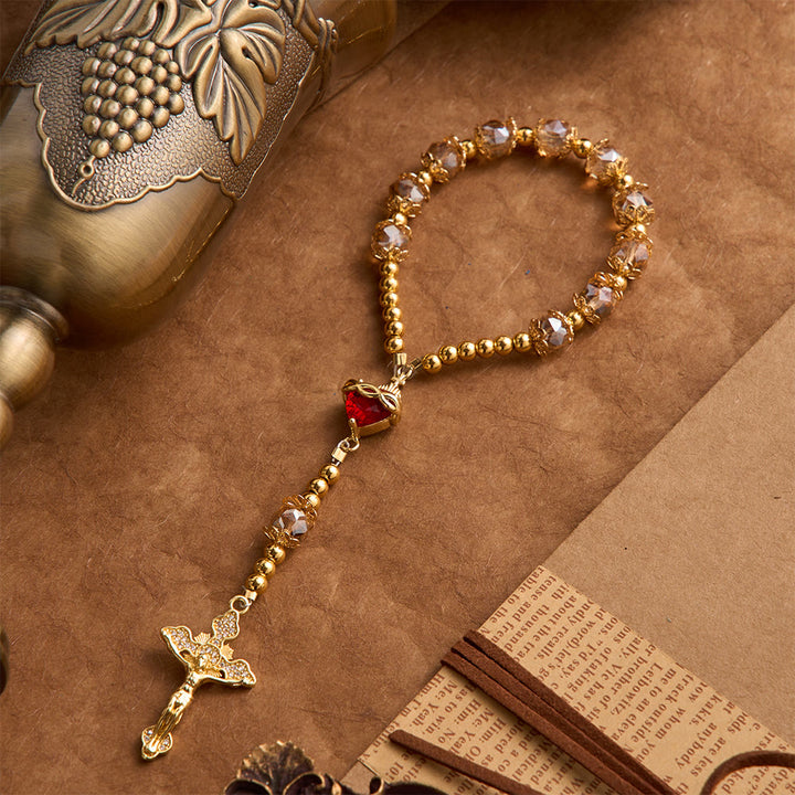 Chapelet de poche Christianartworkshop Luxe couleur champagne avec Sacré-Cœur et crucifix orné de pierres précieuses : un bijou à double usage pour la prière et à suspendre dans la voiture - Rosaire du Sacré-Cœur - image 0