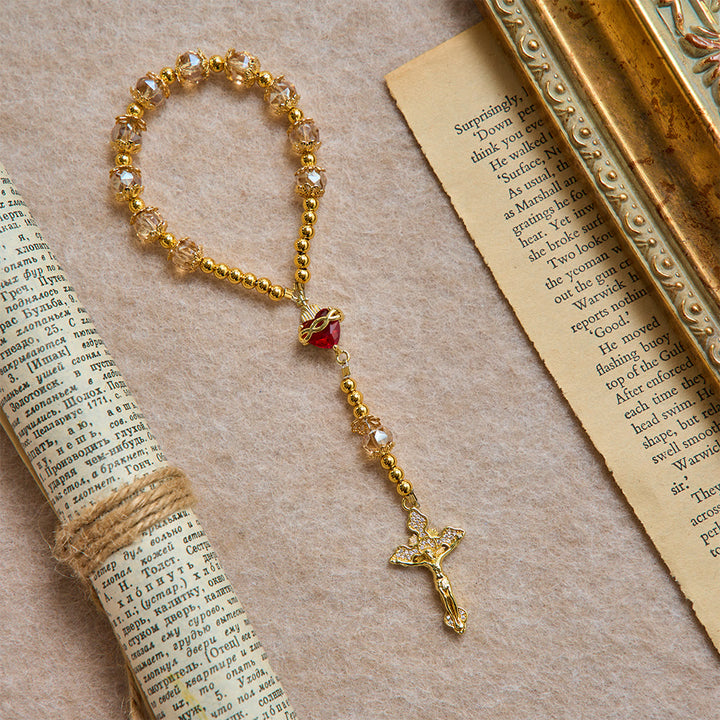 Chapelet de poche Christianartworkshop Luxe couleur champagne avec Sacré-Cœur et crucifix orné de pierres précieuses : un bijou à double usage pour la prière et à suspendre dans la voiture - image 3