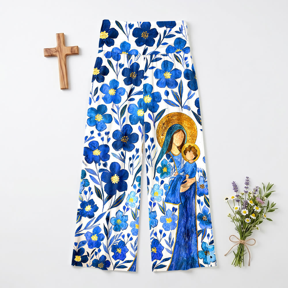 Christianartworkshop Pantalon à jambes larges taille haute et revers à motif aquarelle floral Vierge Marie et Enfant - US22, UK/AU26, EU54 (6XL) - image 0