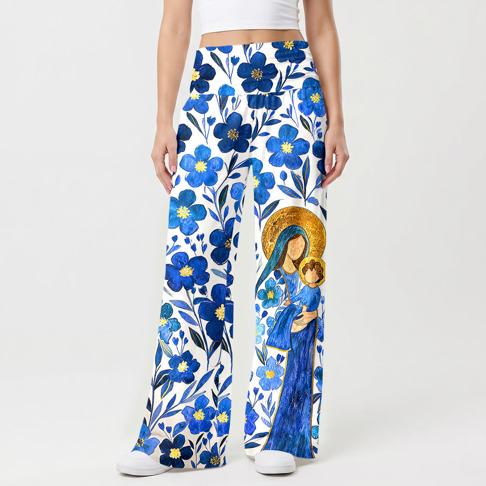 Christianartworkshop Pantalon à jambes larges taille haute et revers à motif aquarelle floral Vierge Marie et Enfant - image 1