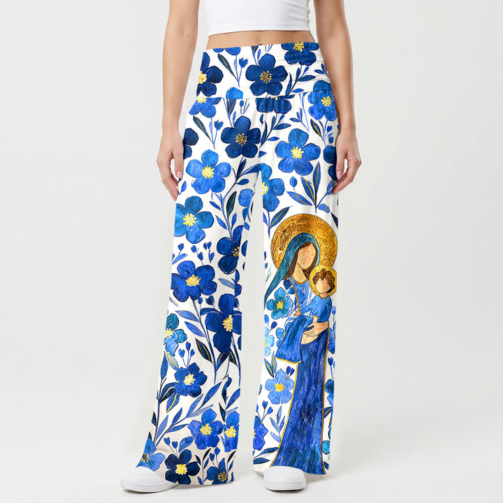 Christianartworkshop Pantalon à jambes larges taille haute et revers à motif aquarelle floral Vierge Marie et Enfant - image 1
