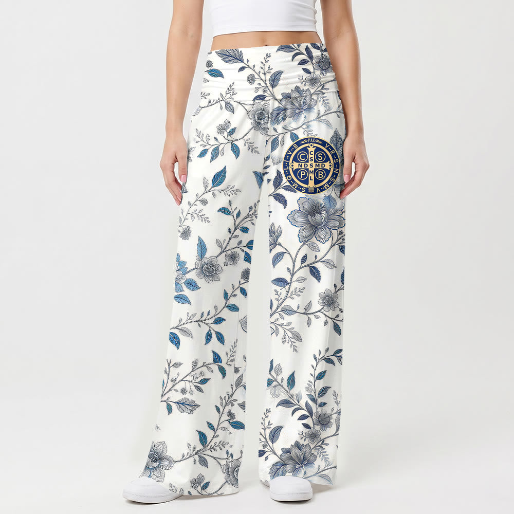 Christianartworkshop Pantalon vintage bleu-gris à motif floral et croix, taille haute et jambes larges - image 1