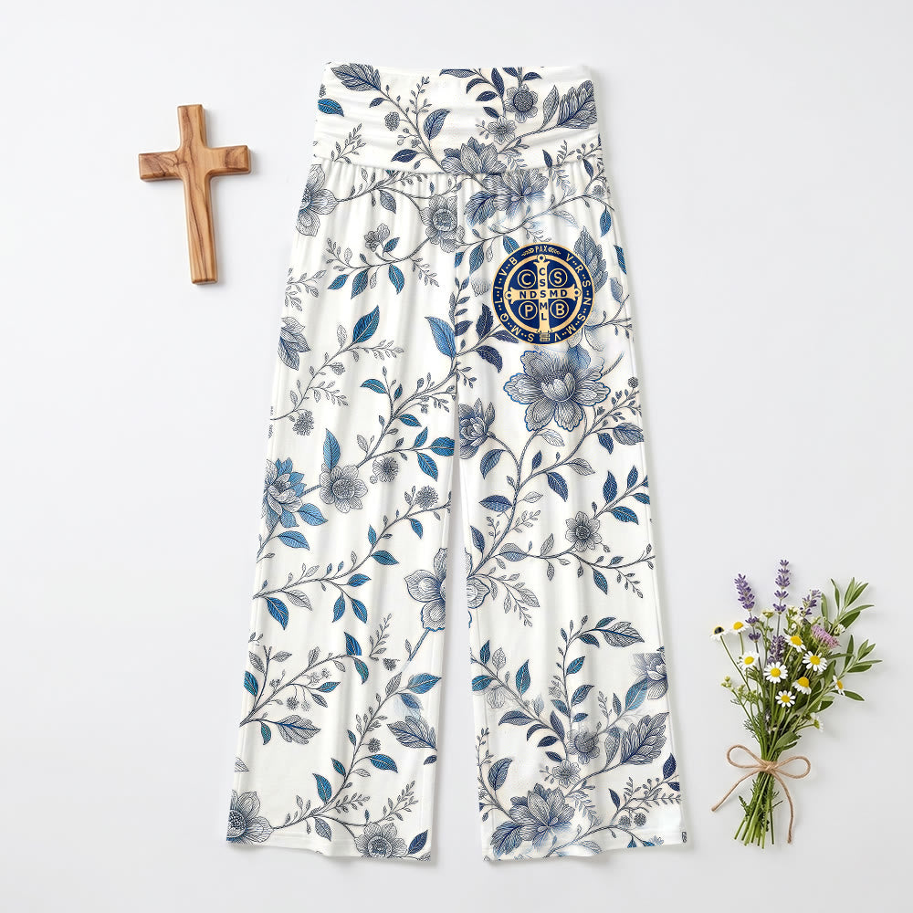 Christianartworkshop Pantalon vintage bleu-gris à motif floral et croix, taille haute et jambes larges - US22, UK/AU26, EU54 (6XL) - image 0