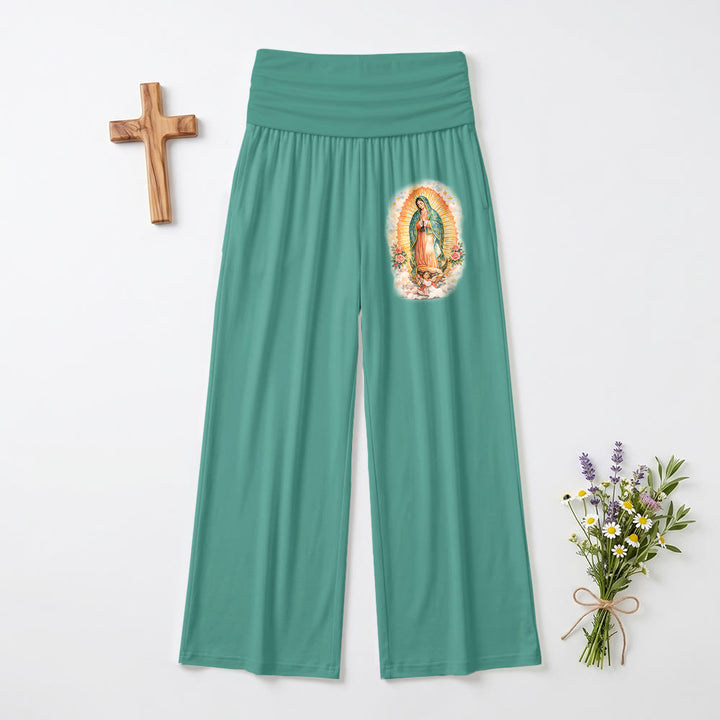 Christianartworkshop Pantalon à jambes larges taille haute, imprimé uni Notre-Dame de Guadalupe (portrait unique), revers - Vert - US22, UK/AU26, EU54 (6XL) - image 0