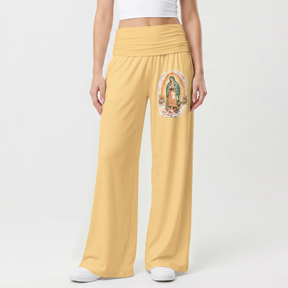 Christianartworkshop Pantalon à jambes larges taille haute, imprimé uni Notre-Dame de Guadalupe (portrait unique), revers - image 4