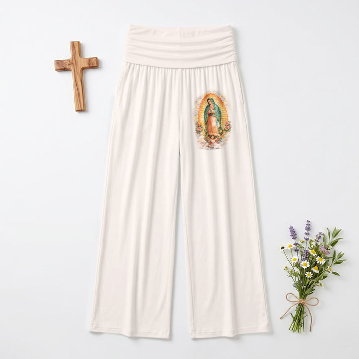 Christianartworkshop Pantalon à jambes larges taille haute, imprimé uni Notre-Dame de Guadalupe (portrait unique), revers - Beige - US22, UK/AU26, EU54 (6XL) - image 6