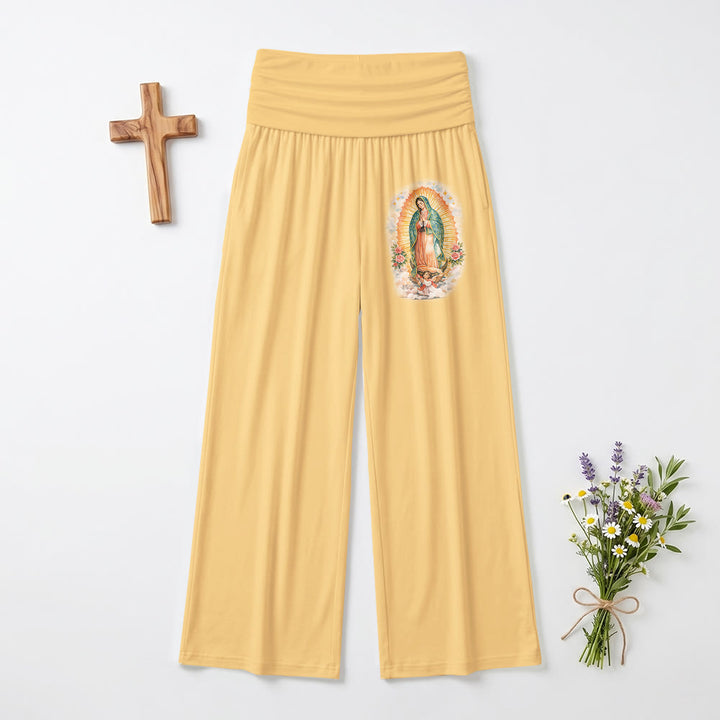 Christianartworkshop Pantalon à jambes larges taille haute, imprimé uni Notre-Dame de Guadalupe (portrait unique), revers - Jaune - US22, UK/AU26, EU54 (6XL) - image 3