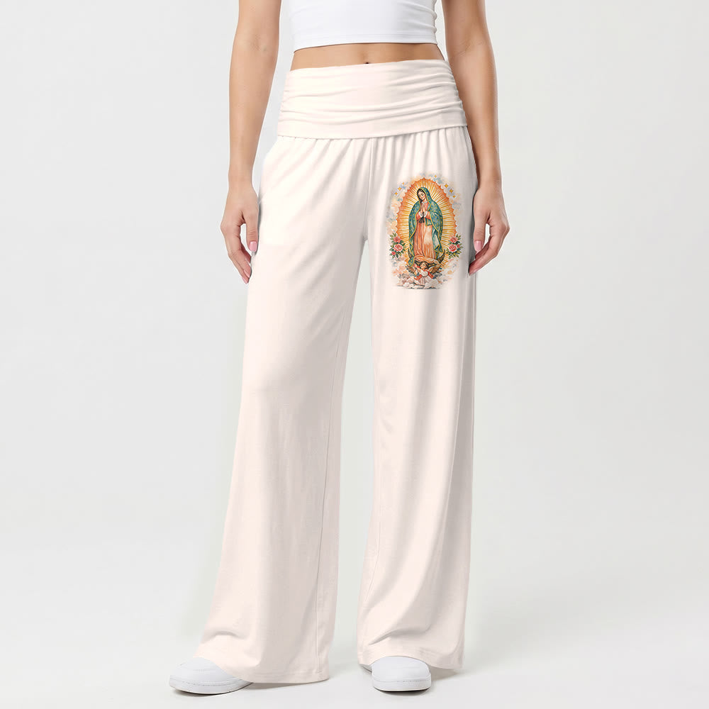 Christianartworkshop Pantalon à jambes larges taille haute, imprimé uni Notre-Dame de Guadalupe (portrait unique), revers - image 7