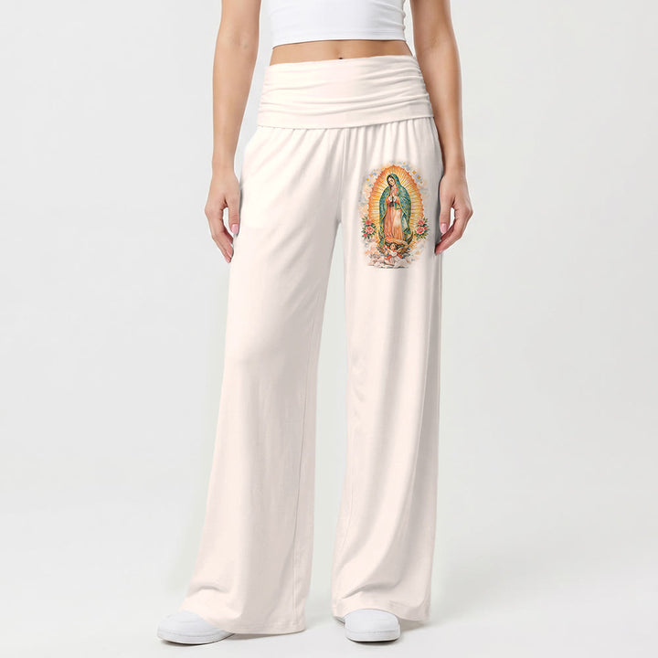 Christianartworkshop Pantalon à jambes larges taille haute, imprimé uni Notre-Dame de Guadalupe (portrait unique), revers - image 7