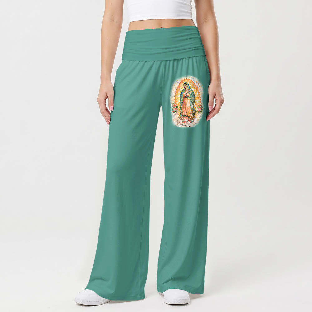 Christianartworkshop Pantalon à jambes larges taille haute, imprimé uni Notre-Dame de Guadalupe (portrait unique), revers - image 1