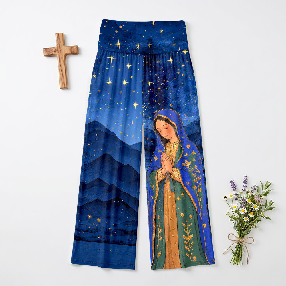 Christianartworkshop Pantalon taille haute à jambes larges et revers, motif paysage de montagne étoilée de Guadalupe et Vierge Marie - US22, UK/AU26, EU54 (6XL) - image 0