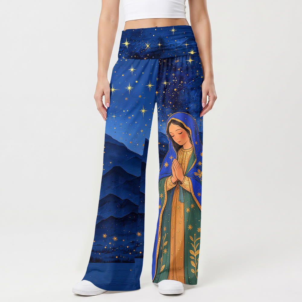 Christianartworkshop Pantalon taille haute à jambes larges et revers, motif paysage de montagne étoilée de Guadalupe et Vierge Marie - image 1