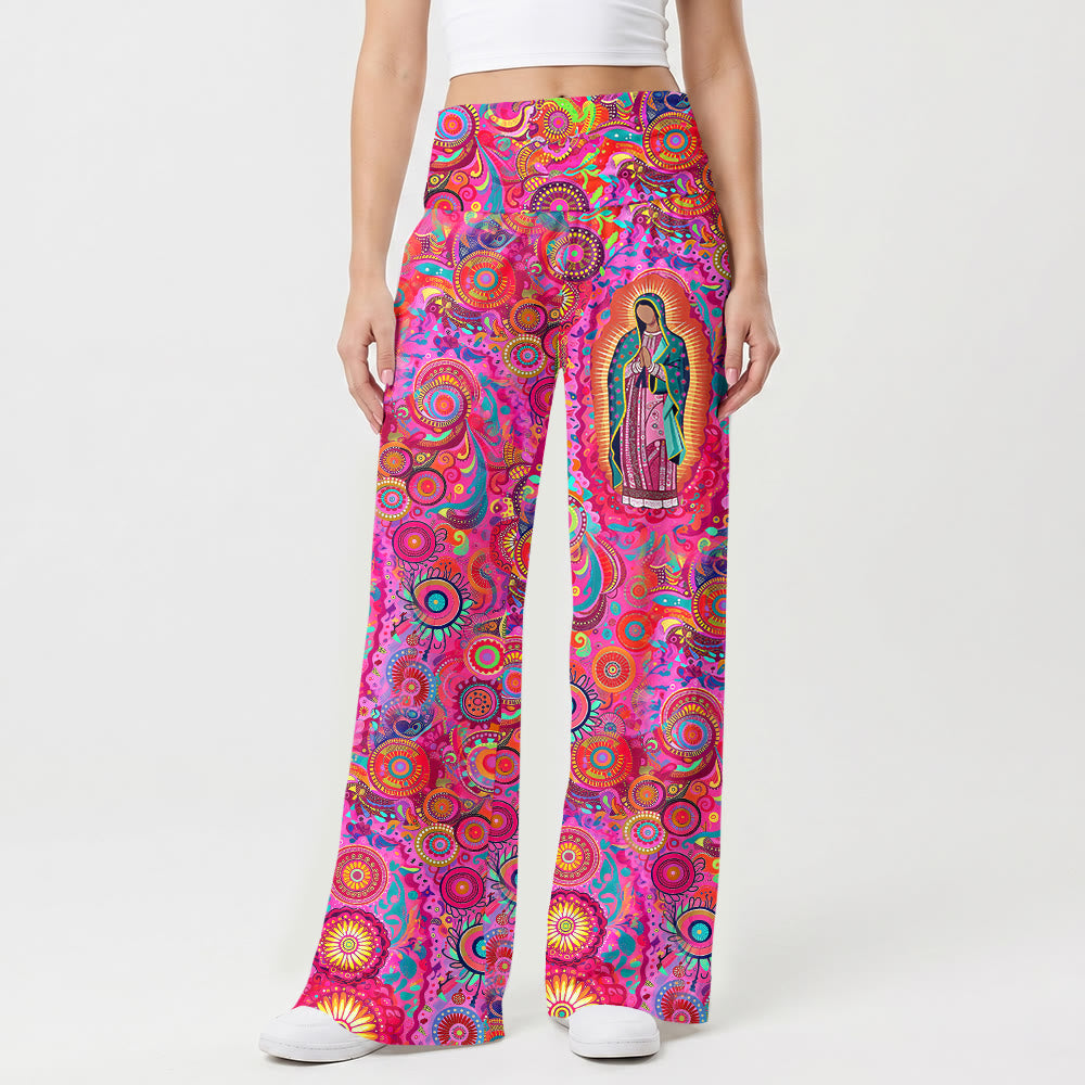 Christianartworkshop Pantalon taille haute à jambes larges orné d'un mandala circulaire psychédélique représentant la Vierge Marie de Guadalupe - image 1