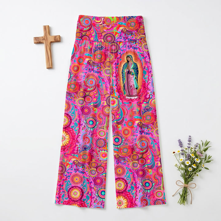 Christianartworkshop Pantalon taille haute à jambes larges orné d'un mandala circulaire psychédélique représentant la Vierge Marie de Guadalupe - US22, UK/AU26, EU54 (6XL) - image 0
