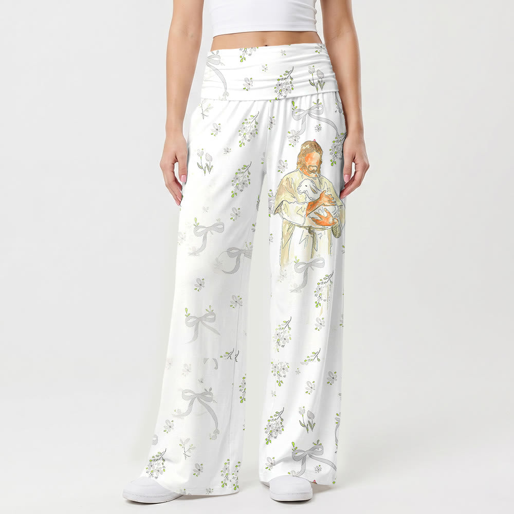 Christianartworkshop Pantalon décontracté à jambes larges avec motif botanique et nœud papillon, Jésus le Bon Berger - image 1