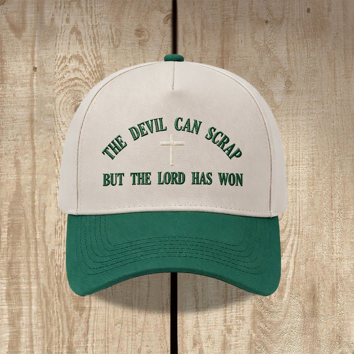 Christianartworkshop Casquette de baseball brodée avec motif de croix biblique : « LE DIABLE PEUT FUIR, MAIS LE SEIGNEUR A GAGNÉ ». - Vert - image 0