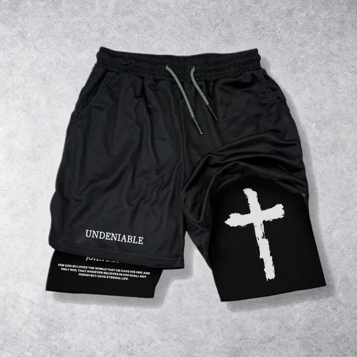 Christianartworkshop Lettre incontestable, coup de pinceau extérieur, croix, Jean 3:16, verset complet, intérieur, double épaisseur, cordon de serrage, short Faith - Noir - 3XL - image 0