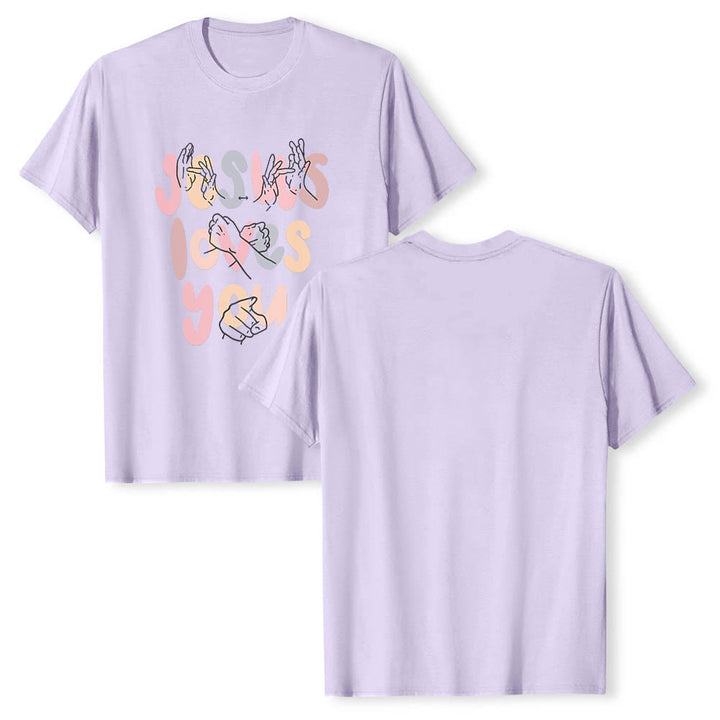 Christianartworkshop T-shirt classique imprimé sur le devant avec l'inscription « Jésus t'aime » en lettres bulles et en langue des signes. - image 17