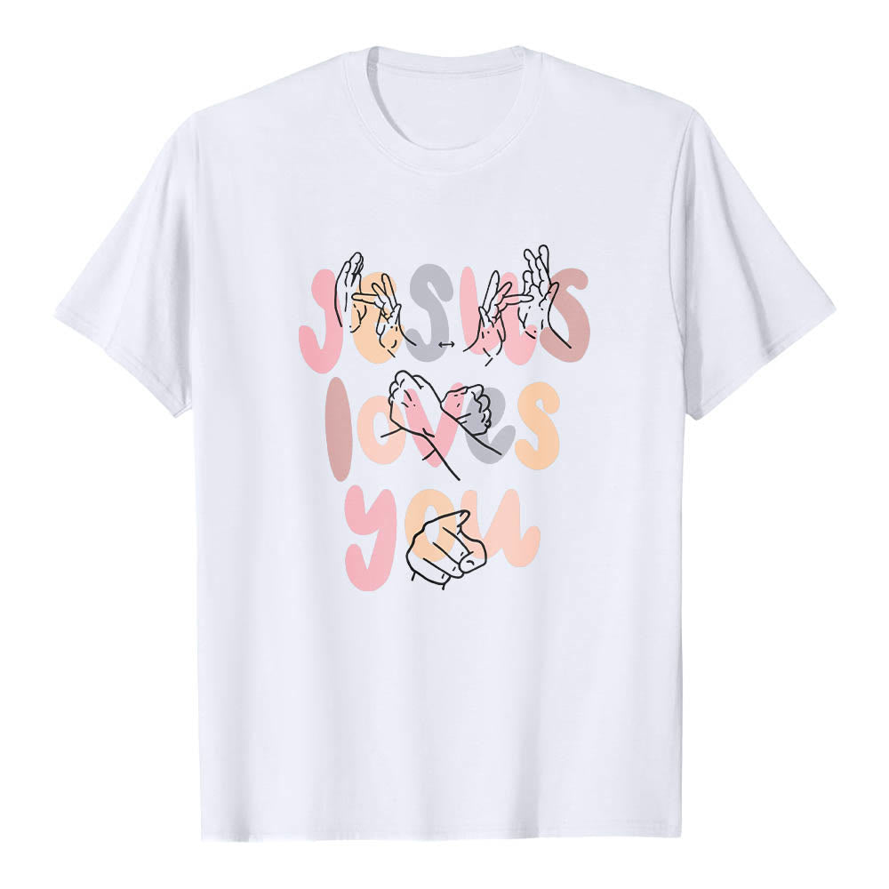 Christianartworkshop T-shirt classique imprimé sur le devant avec l'inscription « Jésus t'aime » en lettres bulles et en langue des signes. - Blanc - 2XL - image 3
