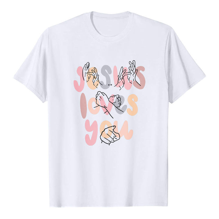 Christianartworkshop T-shirt classique imprimé sur le devant avec l'inscription « Jésus t'aime » en lettres bulles et en langue des signes. - Blanc - 2XL - image 3