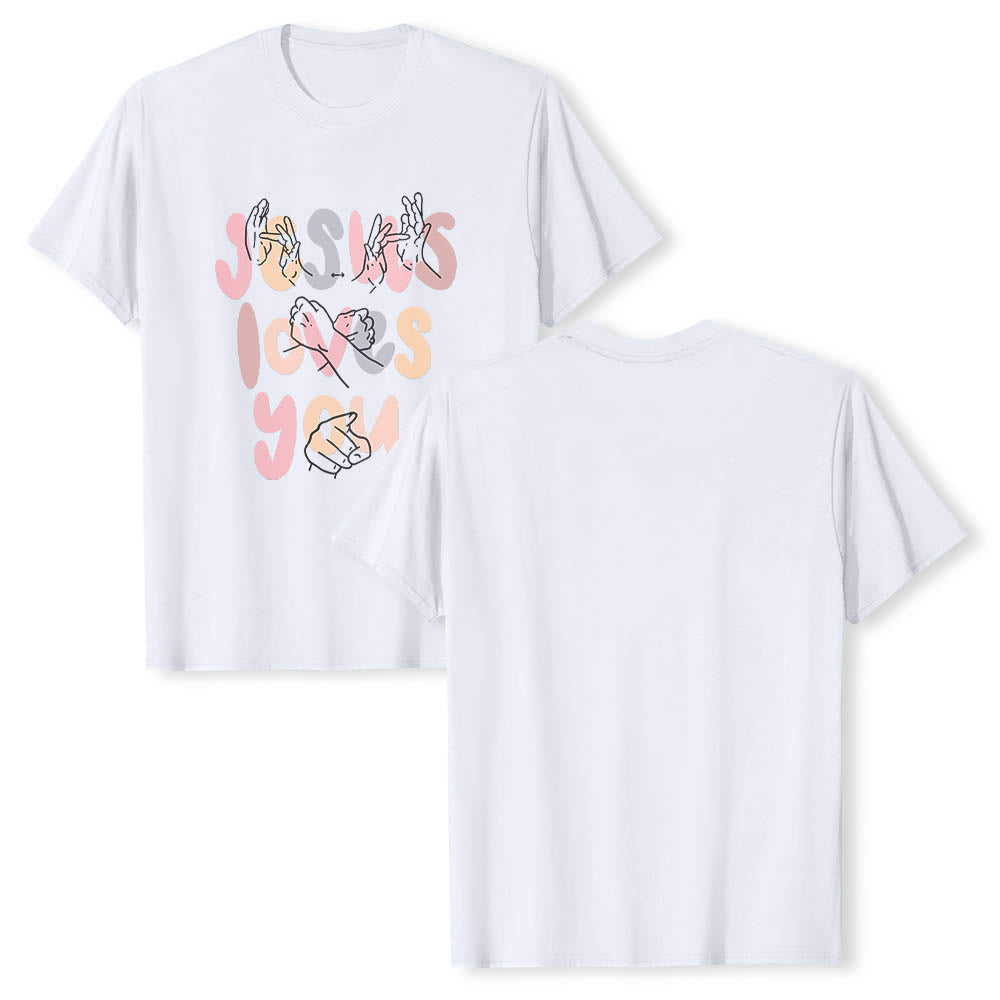 Christianartworkshop T-shirt classique imprimé sur le devant avec l'inscription « Jésus t'aime » en lettres bulles et en langue des signes. - image 5