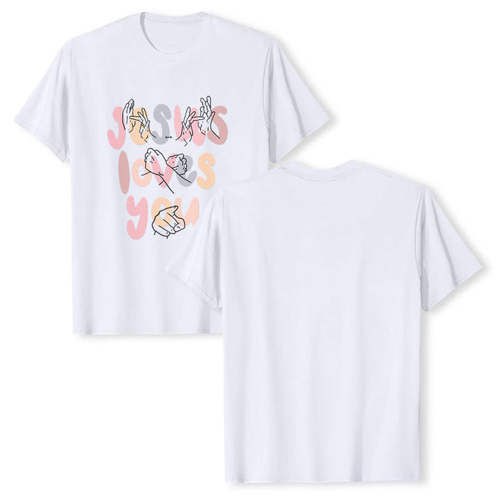 Christianartworkshop T-shirt classique imprimé sur le devant avec l'inscription « Jésus t'aime » en lettres bulles et en langue des signes. - image 5