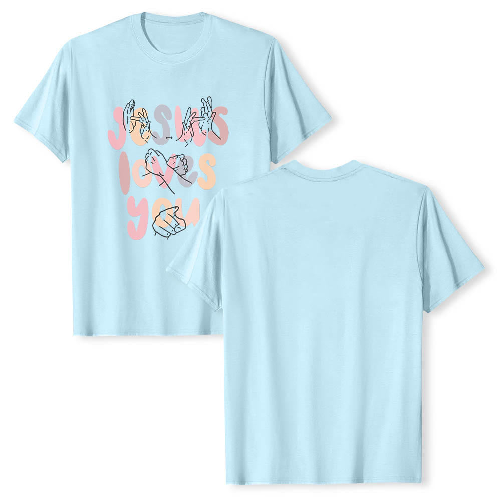 Christianartworkshop T-shirt classique imprimé sur le devant avec l'inscription « Jésus t'aime » en lettres bulles et en langue des signes. - image 14