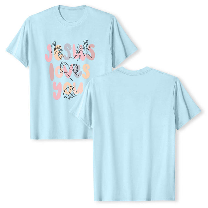 Christianartworkshop T-shirt classique imprimé sur le devant avec l'inscription « Jésus t'aime » en lettres bulles et en langue des signes. - image 14