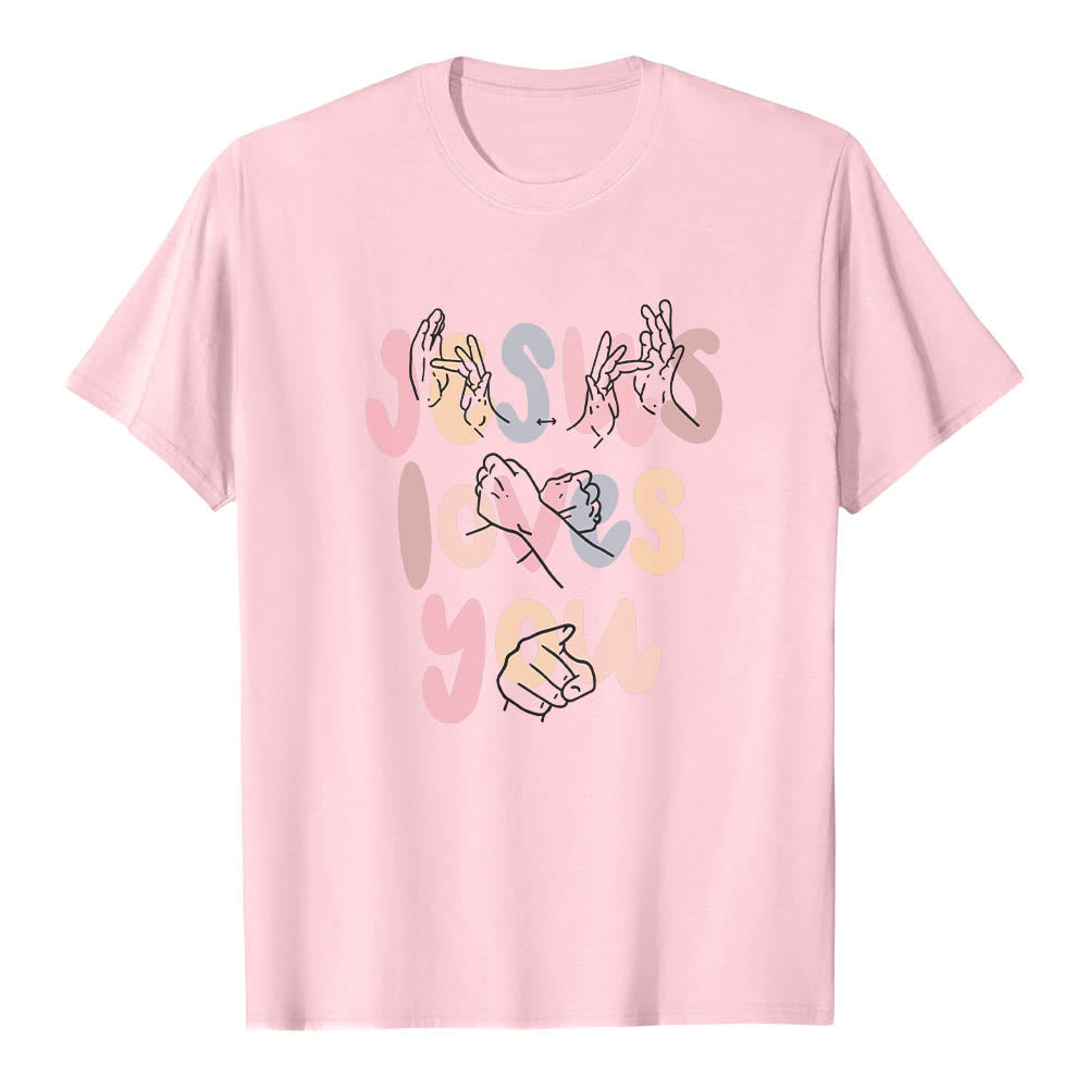 Christianartworkshop T-shirt classique imprimé sur le devant avec l'inscription « Jésus t'aime » en lettres bulles et en langue des signes. - Rose - 2XL - image 24