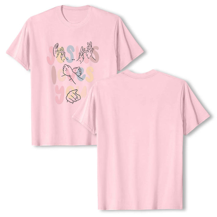 Christianartworkshop T-shirt classique imprimé sur le devant avec l'inscription « Jésus t'aime » en lettres bulles et en langue des signes. - image 26