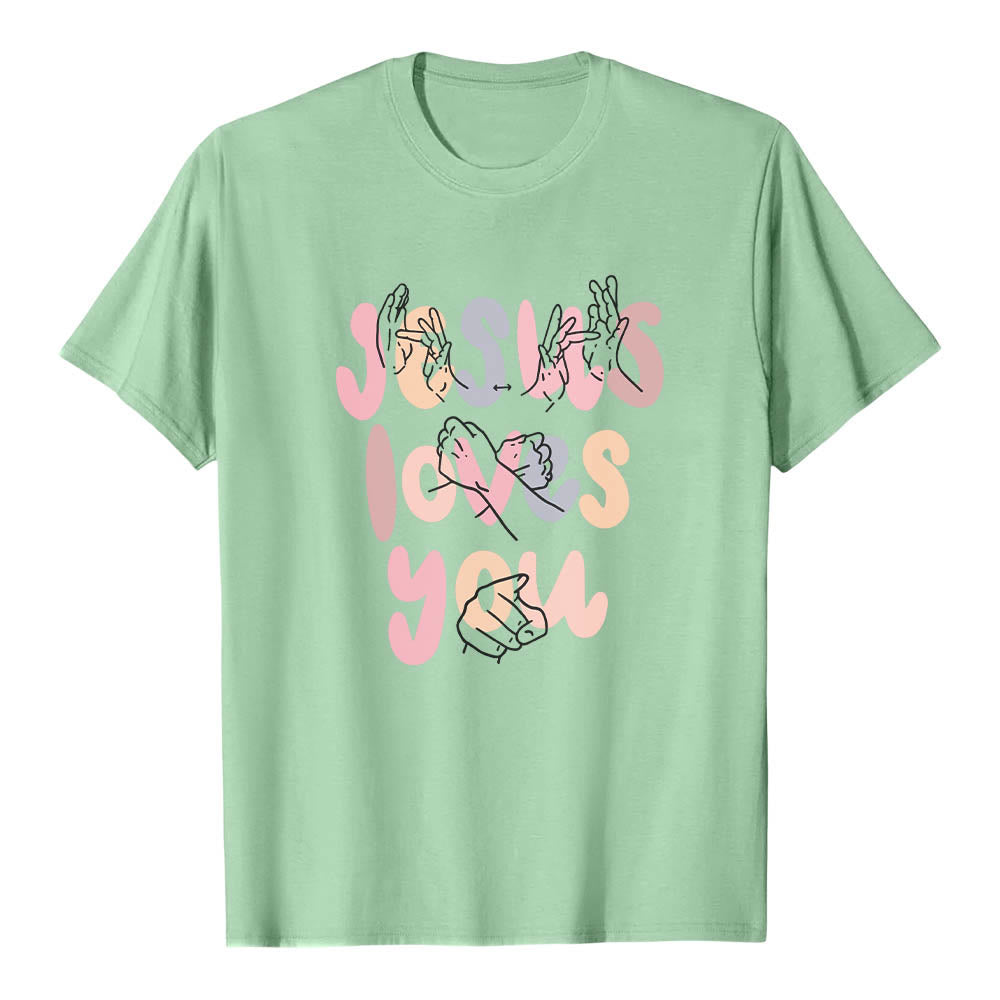 Christianartworkshop T-shirt classique imprimé sur le devant avec l'inscription « Jésus t'aime » en lettres bulles et en langue des signes. - Vert clair - 2XL - image 21