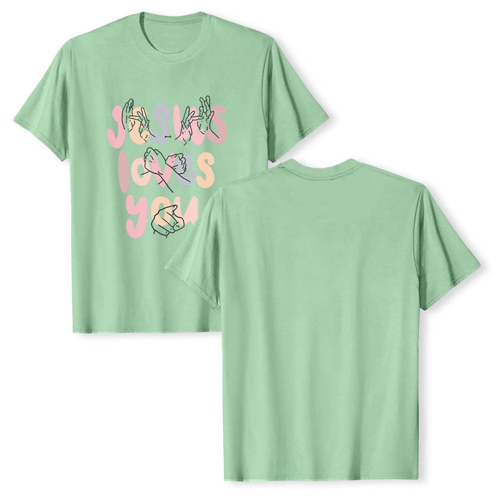 Christianartworkshop T-shirt classique imprimé sur le devant avec l'inscription « Jésus t'aime » en lettres bulles et en langue des signes. - image 23