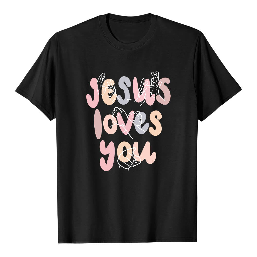 Christianartworkshop T-shirt classique imprimé sur le devant avec l'inscription « Jésus t'aime » en lettres bulles et en langue des signes. - Noir - 2XL - image 9