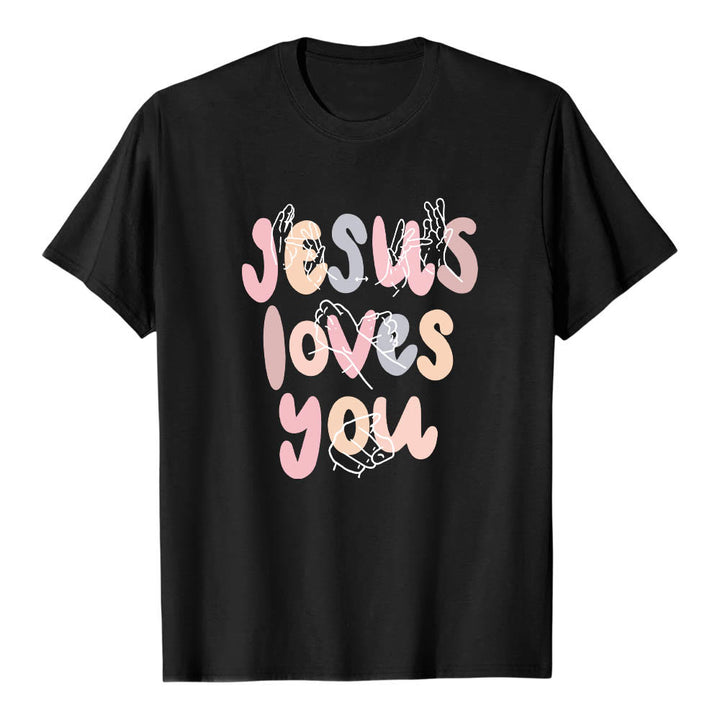 Christianartworkshop T-shirt classique imprimé sur le devant avec l'inscription « Jésus t'aime » en lettres bulles et en langue des signes. - Noir - 2XL - image 9