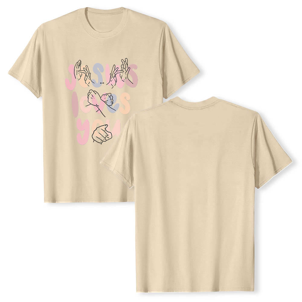 Christianartworkshop T-shirt classique imprimé sur le devant avec l'inscription « Jésus t'aime » en lettres bulles et en langue des signes. - image 20
