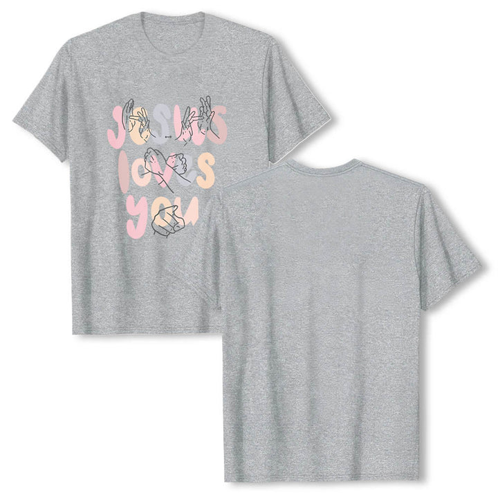 Christianartworkshop T-shirt classique imprimé sur le devant avec l'inscription « Jésus t'aime » en lettres bulles et en langue des signes. - image 2