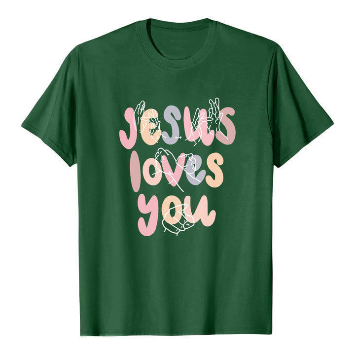 Christianartworkshop T-shirt classique imprimé sur le devant avec l'inscription « Jésus t'aime » en lettres bulles et en langue des signes. - Vert foncé - 2XL - image 6