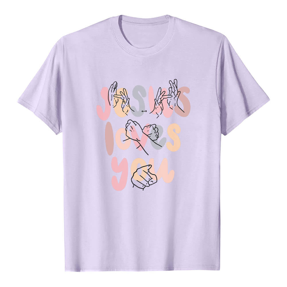 Christianartworkshop T-shirt classique imprimé sur le devant avec l'inscription « Jésus t'aime » en lettres bulles et en langue des signes. - Violet - 2XL - image 15