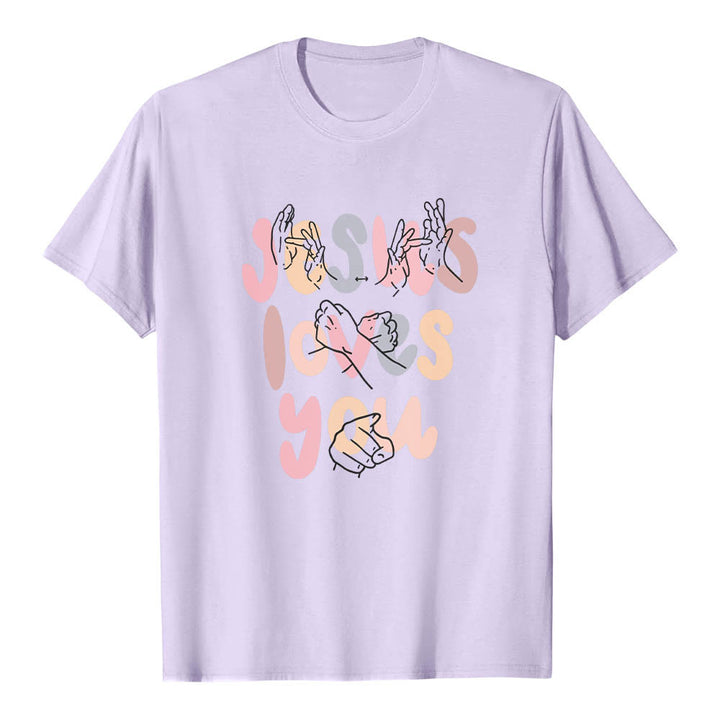 Christianartworkshop T-shirt classique imprimé sur le devant avec l'inscription « Jésus t'aime » en lettres bulles et en langue des signes. - Violet - 2XL - image 15