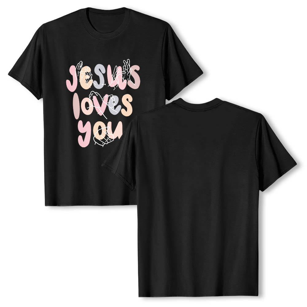 Christianartworkshop T-shirt classique imprimé sur le devant avec l'inscription « Jésus t'aime » en lettres bulles et en langue des signes. - image 11