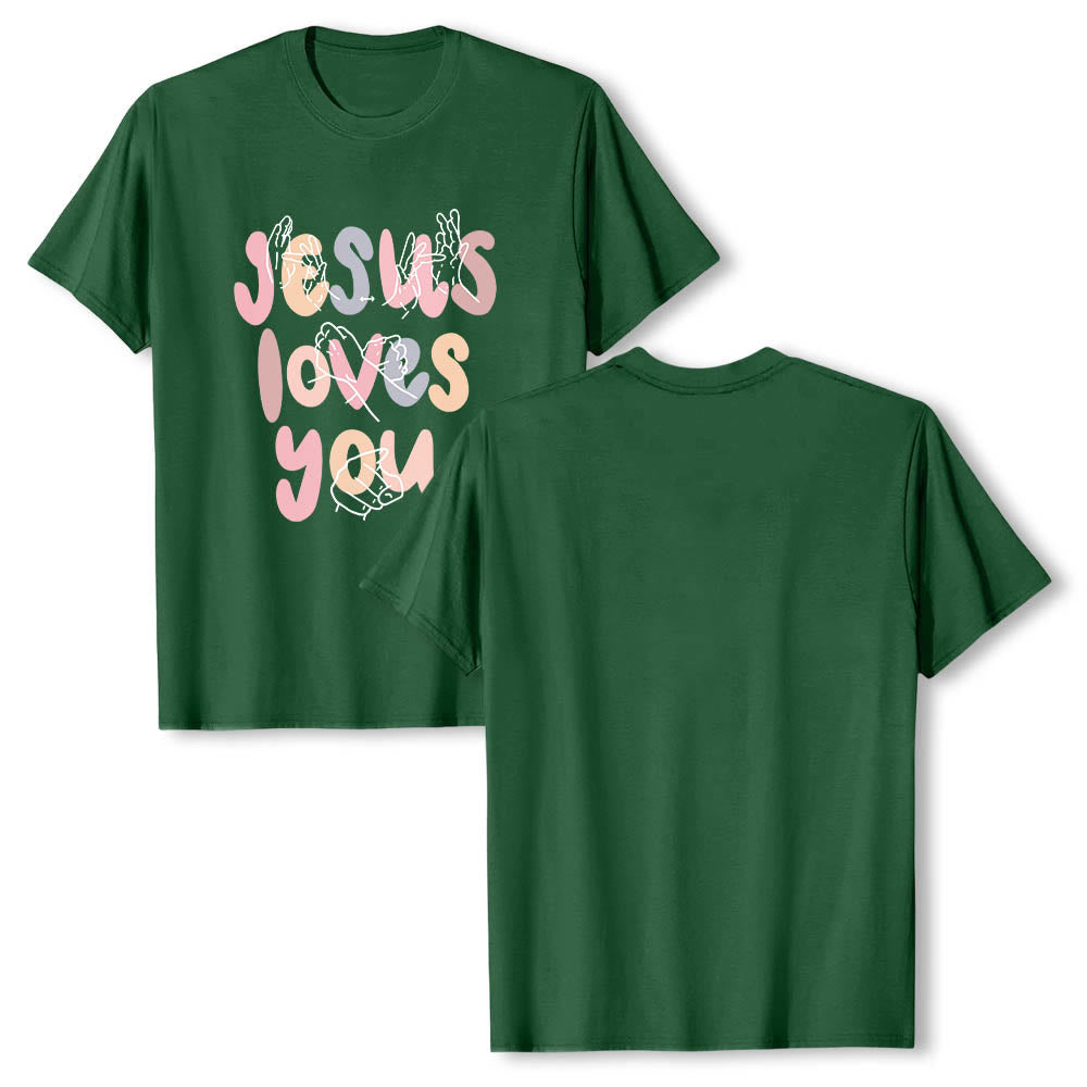 Christianartworkshop T-shirt classique imprimé sur le devant avec l'inscription « Jésus t'aime » en lettres bulles et en langue des signes. - image 8