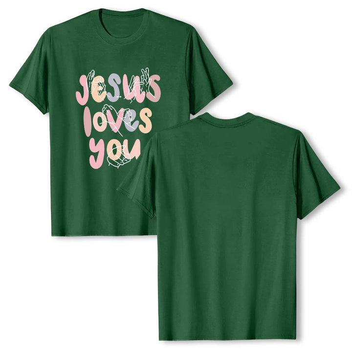 Christianartworkshop T-shirt classique imprimé sur le devant avec l'inscription « Jésus t'aime » en lettres bulles et en langue des signes. - image 8