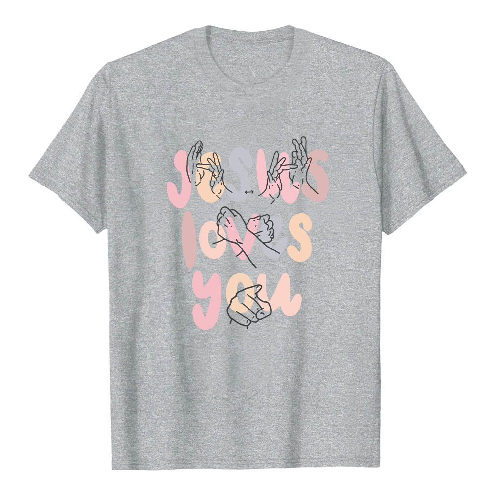 Christianartworkshop T-shirt classique imprimé sur le devant avec l'inscription « Jésus t'aime » en lettres bulles et en langue des signes. - Gris - 2XL - image 0
