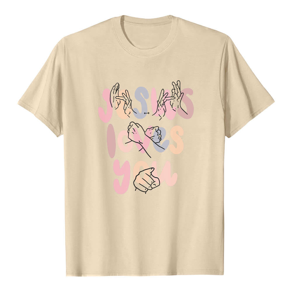 Christianartworkshop T-shirt classique imprimé sur le devant avec l'inscription « Jésus t'aime » en lettres bulles et en langue des signes. - Beige - 2XL - image 18