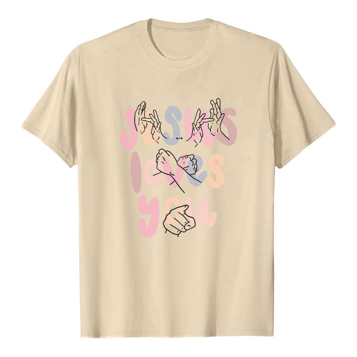 Christianartworkshop T-shirt classique imprimé sur le devant avec l'inscription « Jésus t'aime » en lettres bulles et en langue des signes. - Beige - 2XL - image 18