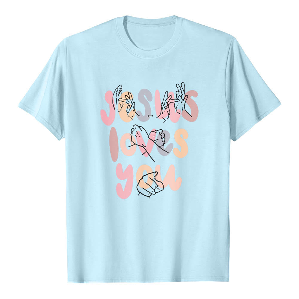 Christianartworkshop T-shirt classique imprimé sur le devant avec l'inscription « Jésus t'aime » en lettres bulles et en langue des signes. - Bleu - 2XL - image 12