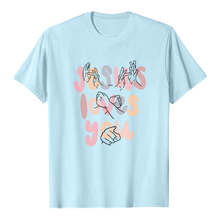 Christianartworkshop T-shirt classique imprimé sur le devant avec l'inscription « Jésus t'aime » en lettres bulles et en langue des signes. - Bleu - 2XL - image 12
