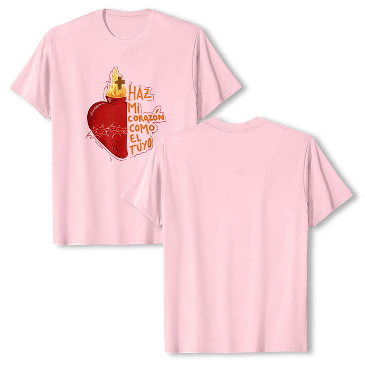 Christianartworkshop T-shirt classique imprimé sur le devant avec un slogan dévotionnel espagnol : Épine sacrée, plaie, flamme, croix et cœur - image 17