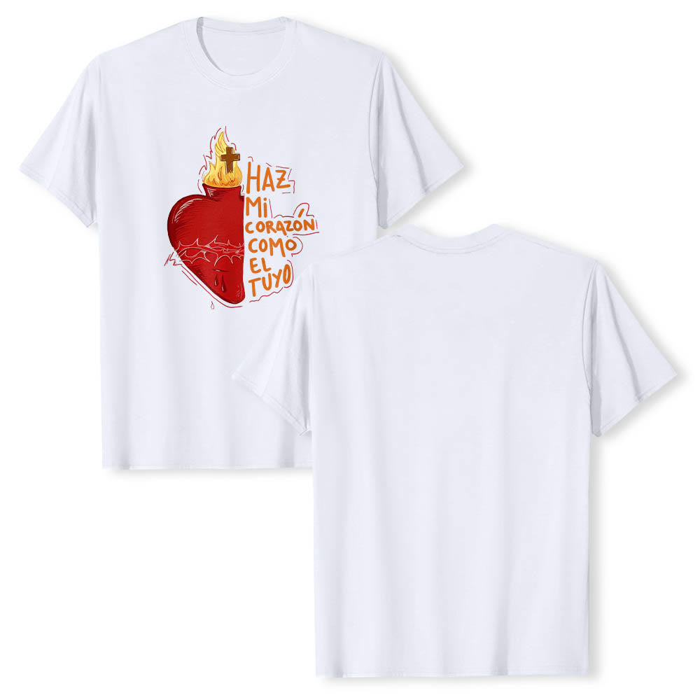 Christianartworkshop T-shirt classique imprimé sur le devant avec un slogan dévotionnel espagnol : Épine sacrée, plaie, flamme, croix et cœur - image 5