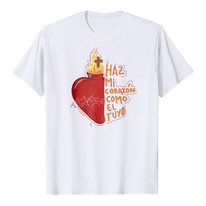 Christianartworkshop T-shirt classique imprimé sur le devant avec un slogan dévotionnel espagnol : Épine sacrée, plaie, flamme, croix et cœur - Blanc - 2XL - image 4